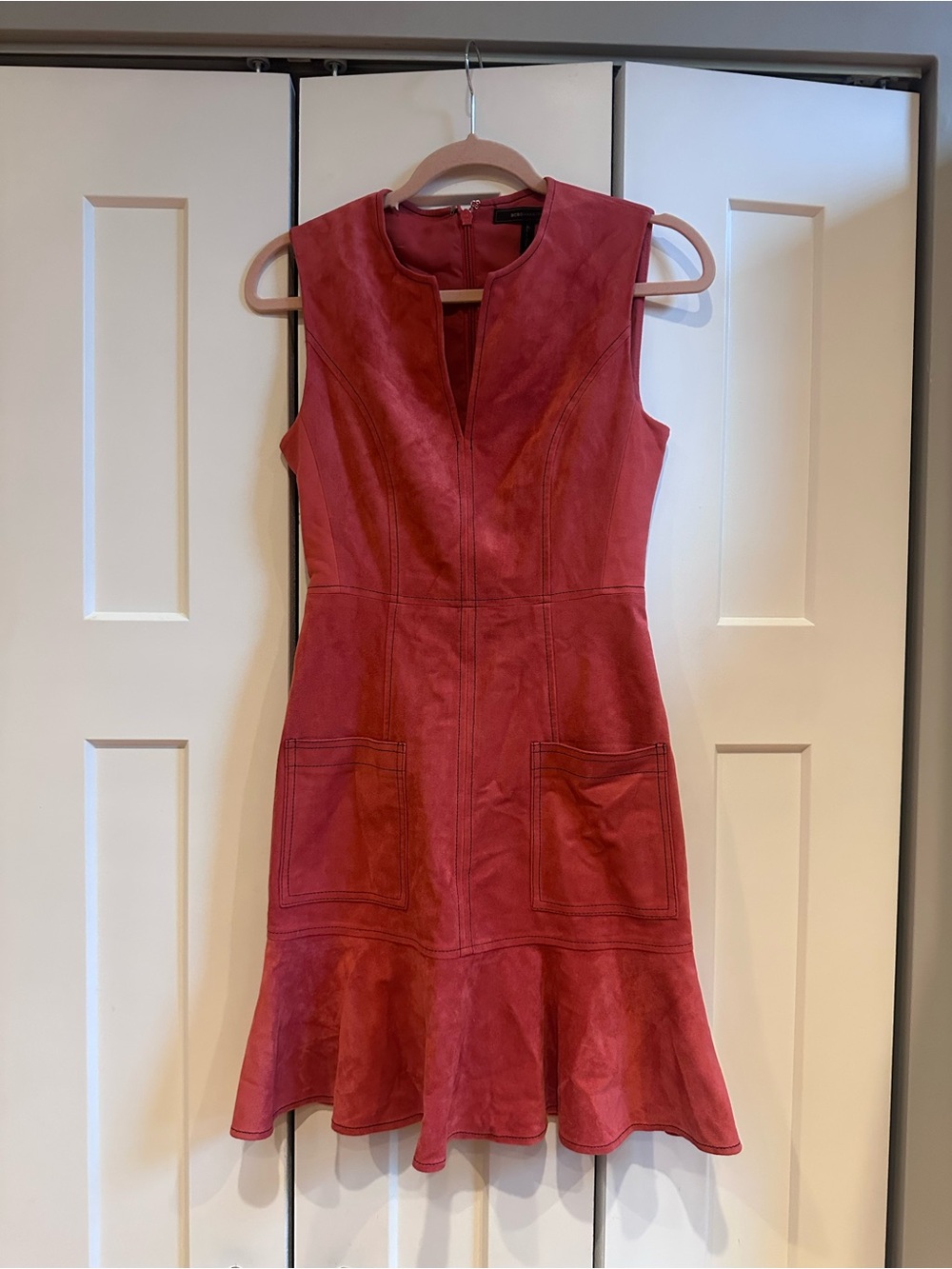 BCBGMaxAzria Red Faux Suede Sleeveless Fit-and-Flare Dress